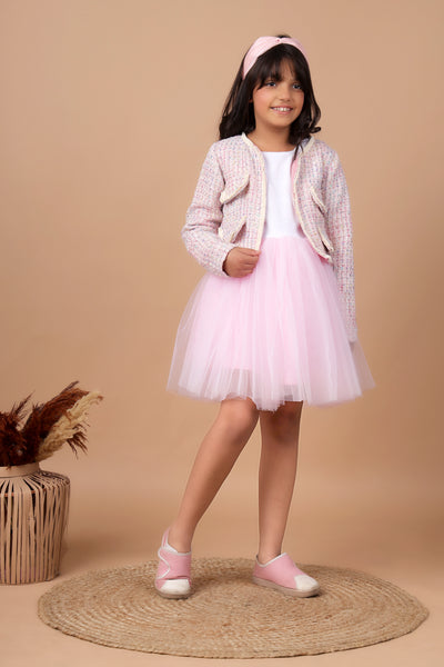 Pink Poly Silk Solid Girls Dress with Printed Jacket