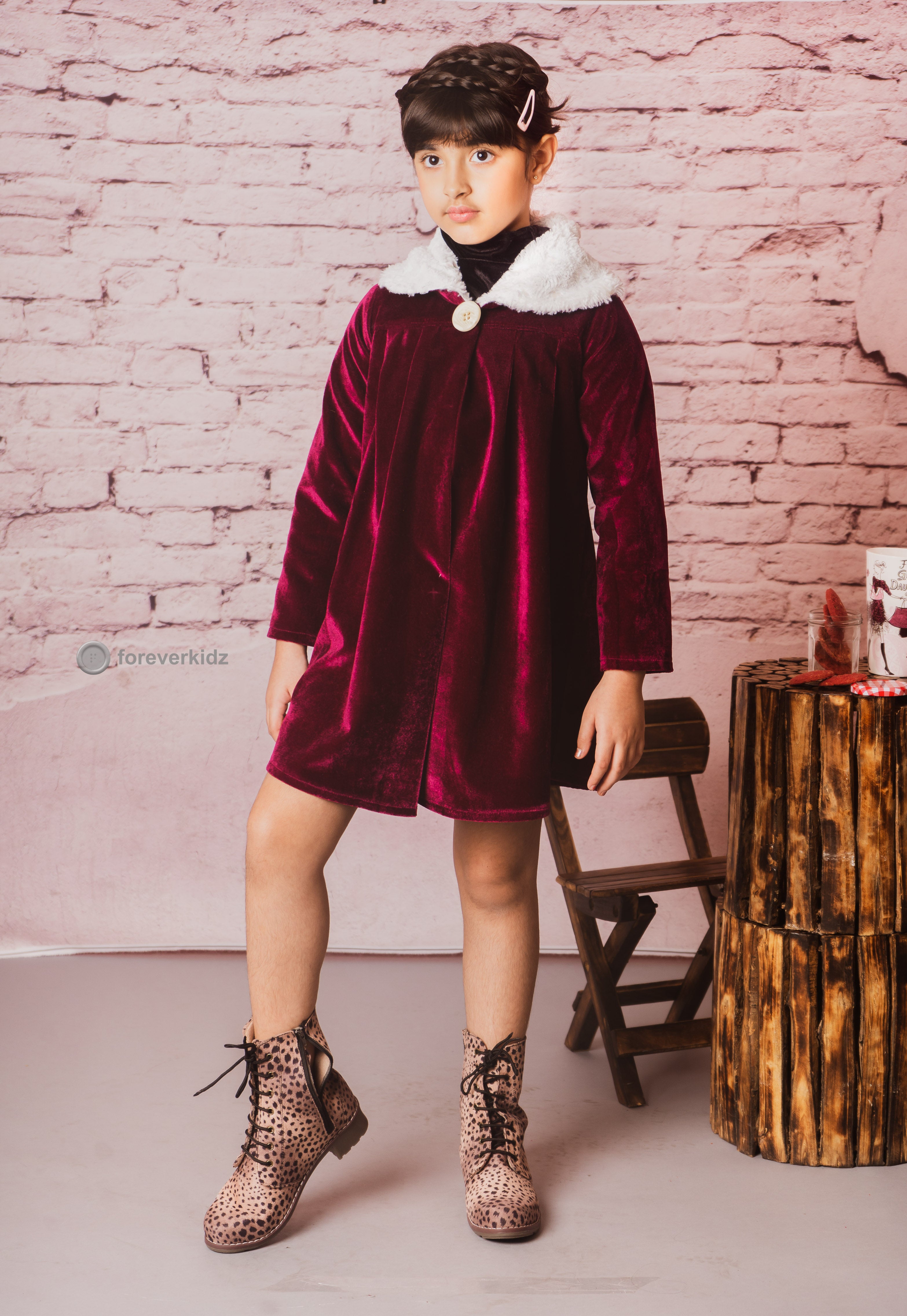 Dutches Wine Colour Velvet Coat for Girls 