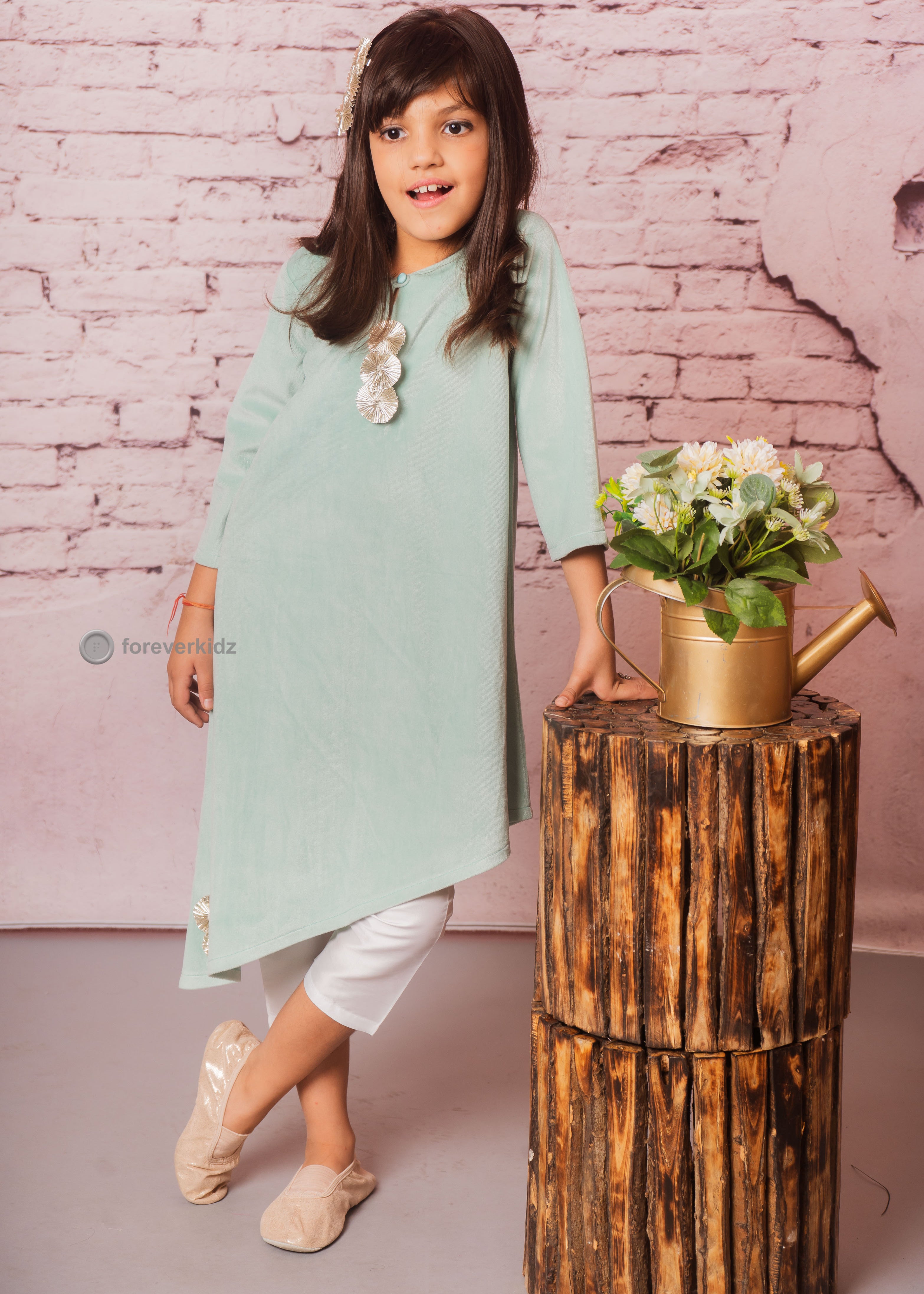 Sea Green Velvet Suit for Girls 