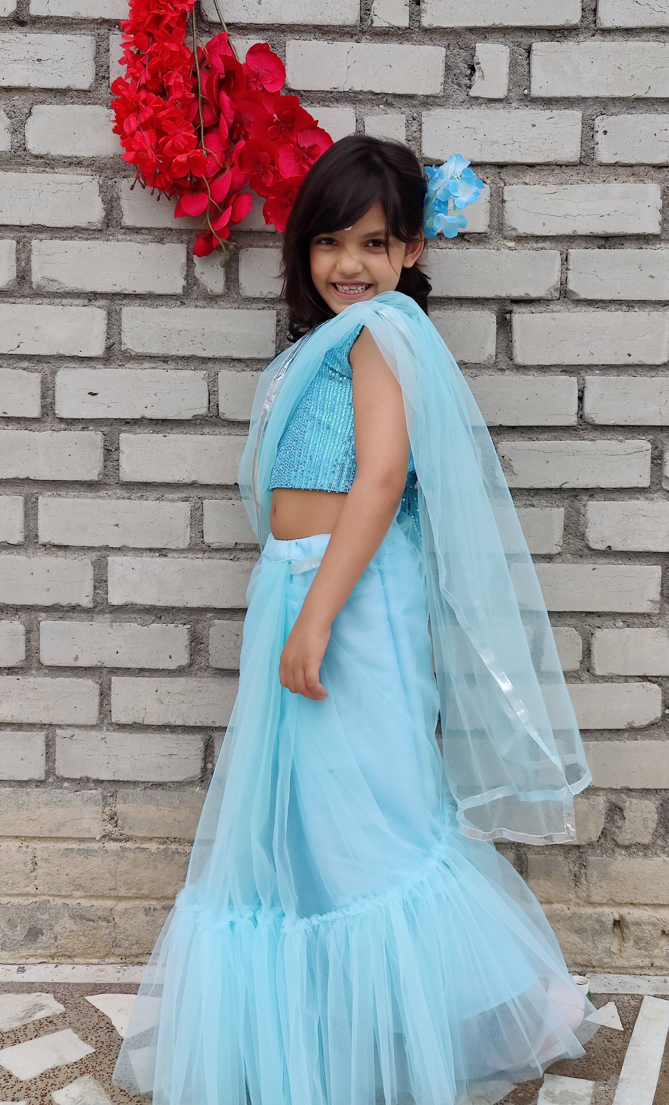 Turkish Blue Draped Ruffle Saree