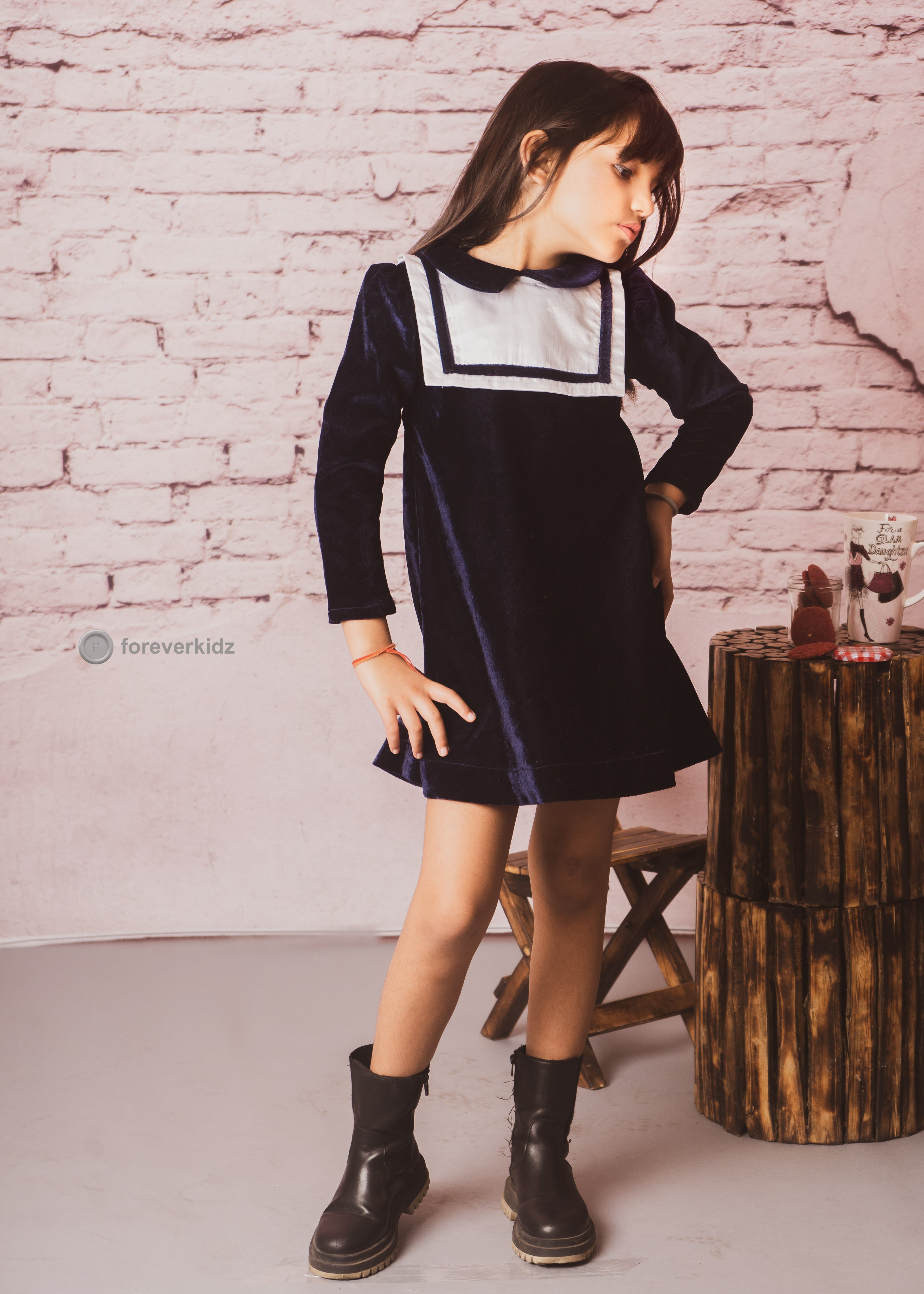 Navy Swedish Velvet Sailor Dress for Little Girls